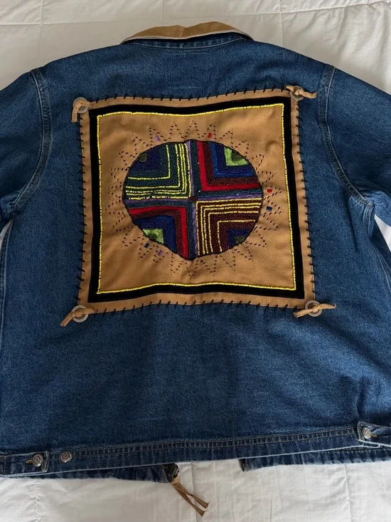 Dark Blue Denim Jacket with Tan Collar - Workwear Style - Picture 2 of 3